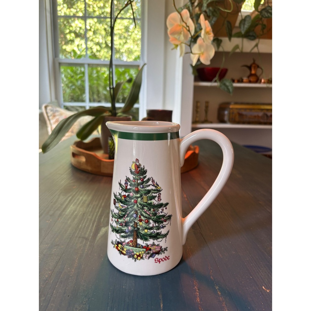 Spode Christmas Tree Pitcher Teleflora Gift Holiday Ceramic Jug White Green Rim - Picture 1 of 11